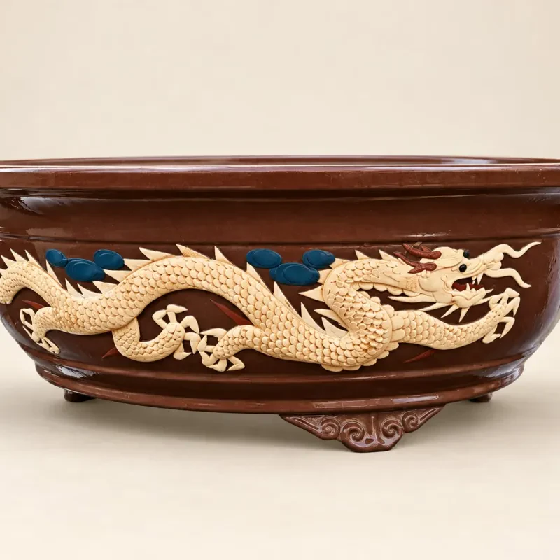 Χειροποίητη Κεραμική Γλάστρα Bonsai 45 cm με Ανάγλυφο Δράκο